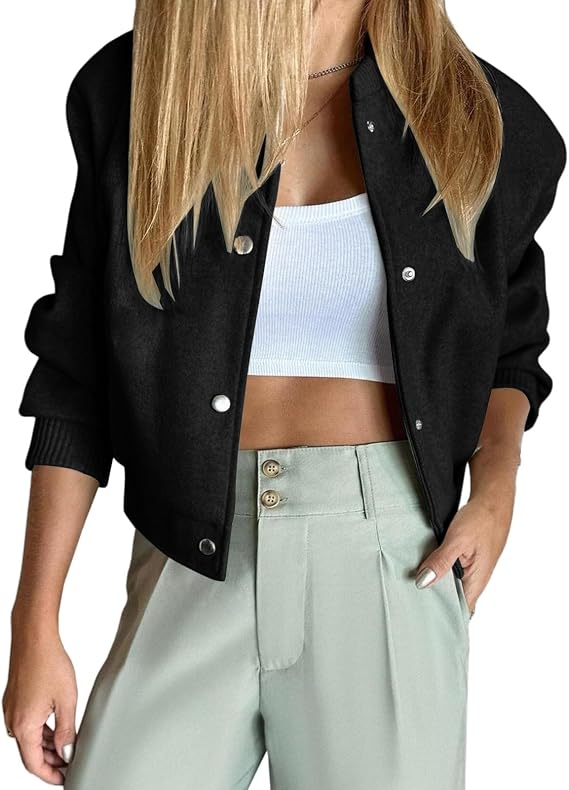 Womens Cropped Bomber Jacket Long Sleeve Button Down Varsity Short Pea Coats Fall Winter Casual Outerwear