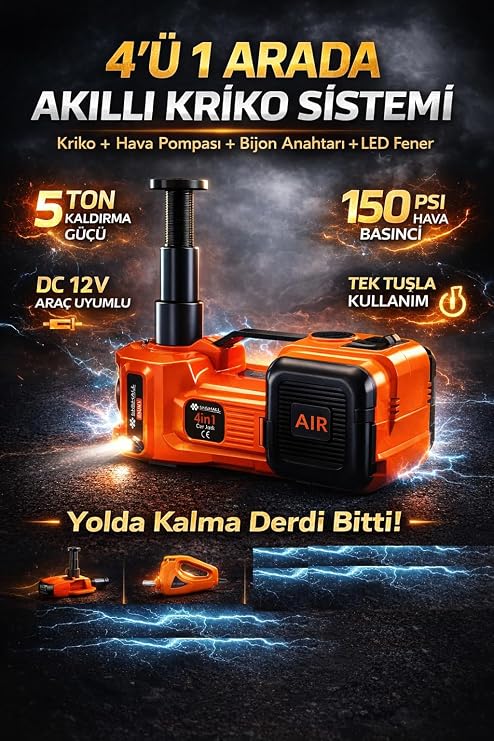 4’ü 1 Arada Elektrikli Kriko Seti 5 Ton 150 PSI Hava Pompası Bijon Anahtarı LED 12V