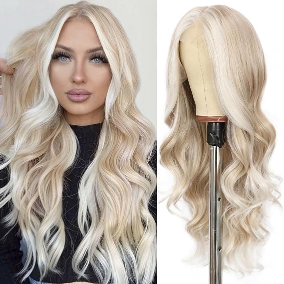 SAPPHIREWIGS 134 Body Wave Lace Front Wig for Women Highlight Ash Blonde with White Tips Pre Plucked Hairline Long Wavy Synthetic Wigs for Daily Party Use 26inch