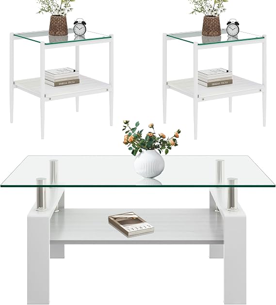 Modern Glass Coffee Table and End Table Sets of 3, White Living Room Tables Set with Wooden MDF Layer, 39" Rectangle Clear Top, Studry Metal Legs