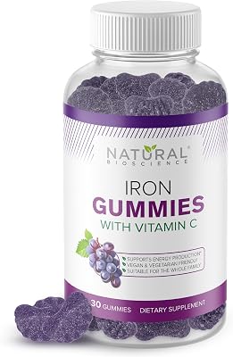 Iron Gummies with Vitamin C for Adults & Kids - Chewable Iron Supplement for Iron Deficiency Anemia, Red Blood Cell Support, Energy, Immune Function, Brain Health, Max Absorption, Grape Flavor, Vegan