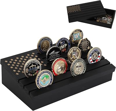 Samplife Coin Rack,Challenge Coins Display Stand Shelves Wooden Army Collectible Coins Holder Rack Case 6 Row Display American Flag