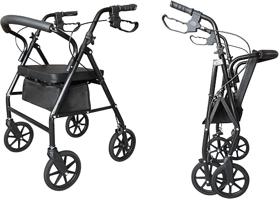 Lightweight Wheel Rollator, Folding Mobility Aids for Elderly Disabled, Four Wheel Mobility Walker Rollator with Padded Seat, Lockable Brakes, Ergonomic Handles and Carry Bag, Black