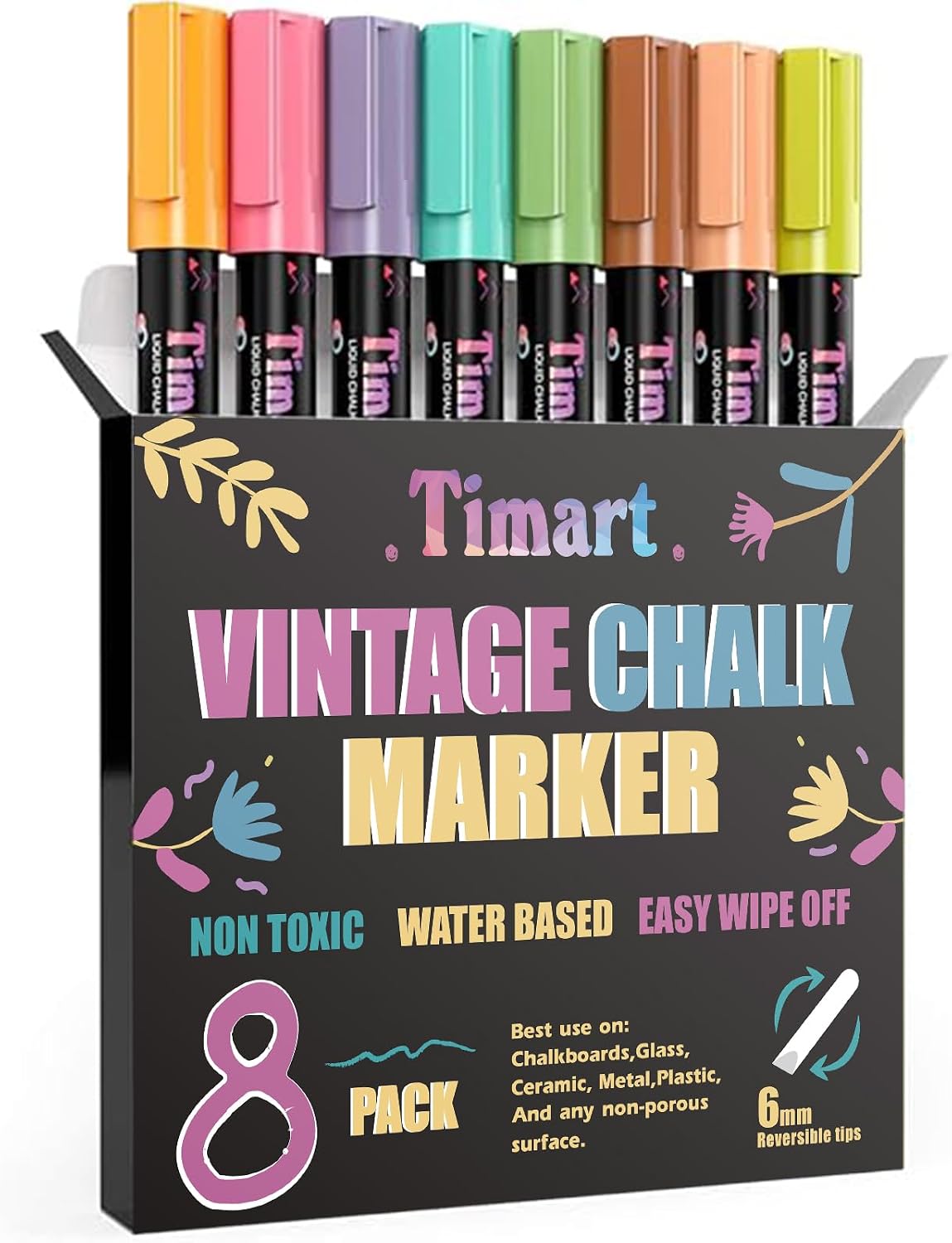 Timart Vintage 8 Pack Liquid Chalk Markers, Bold Wet & Dry Erase Marker Pens for Chalkboards Signs, Blackboards, Windows, Glass- 6mm Reversible Tip, with Chalkboard Labels
