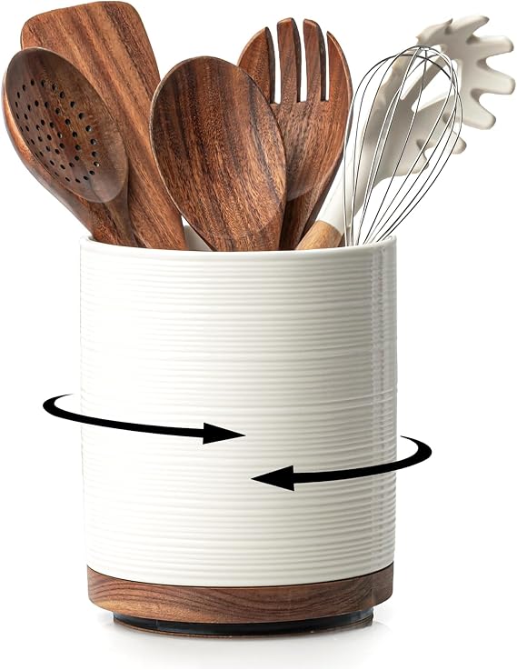 Utensil Holder, 360 Rotating Extra Large Ceramic Kitchen Utensil Holder for Countertop, 7.3 Cooking Utensil Crocks for Kitchen Counter with Rotatable Wooden Base, Farmhouse Decor, White