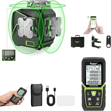Huepar Laser Level 360 Self Leveling, 3x360 Green Cross Line Laser with LCD Screen and 393Ft Red Single Laser Distance Measure, 3D Bluetooth Pulse Mode Laser Tool - S03CG & LM120