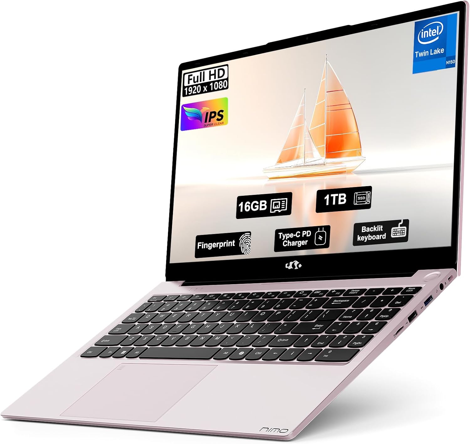 NIMO 15.6 FHD IPS Student-Laptop-Computer - 16GB RAM 1TB SSD, Intel 4 Core N150Beat to i3-10110U, Up to 3.6GHz, 65W Type-C, Fingerprint, Backlit Keyboard, Wi-Fi 6, BT5.2