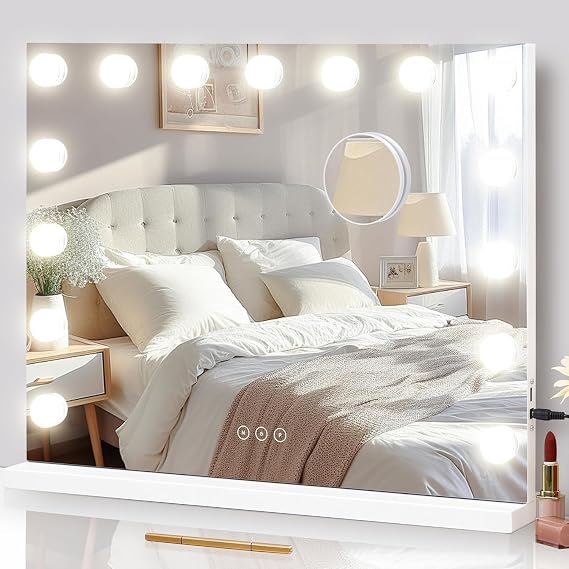 Vanity Mirror with Lights Lighted Makeup Mirror with 15 Dimmable LED Bulbs,3 Color Lighting Modes,USB Charging Port Touch Control,Sturdy Metal Frame