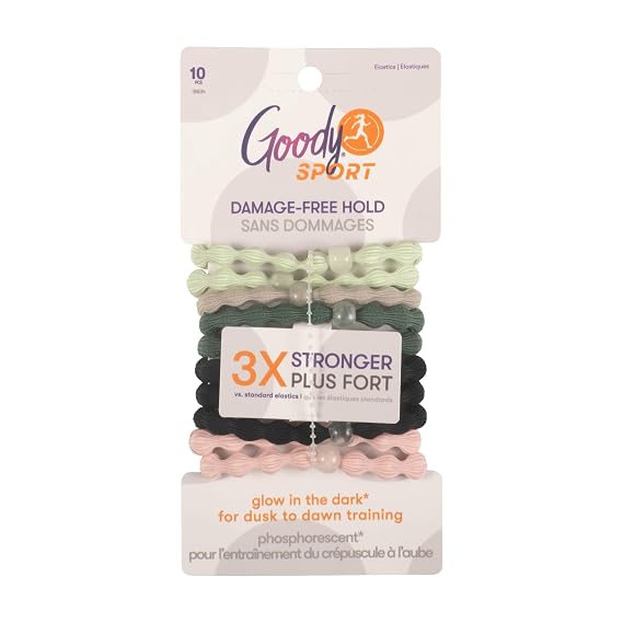 Goody Sport Forever Glow in the Dark Elastic Hair Ties - 10 Ct, 5 Assorted Colors, No Damage, 3X Stronger, Sport-Level Grip, All Hair Types