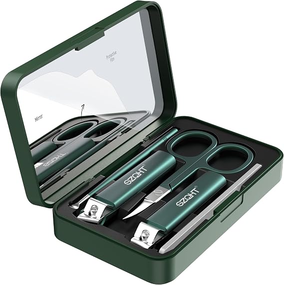Nice 5-in-1 Premium Grooming Set: Nail Clipper, File, Ear Pick, Facial Hair Scissors, and Mirror in Elegant Storage Box - Manicure Pedicure Kit With Slant Edge Toenail Clipper