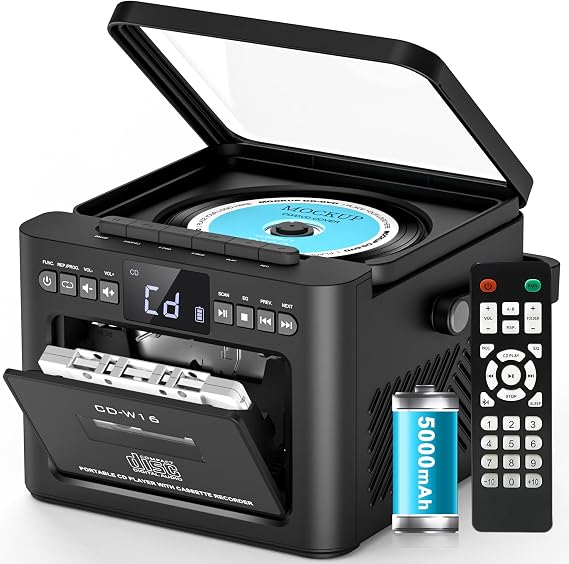 Greadio Boombox CD and Cassette Player Combo, 5000mAh Bluetooth CD Player | Rechargable Boom box CD Cassette Tape Player with FM Radio, Remote Control, USB/microSD/AUX Playback for Home/Outdoor (Black
