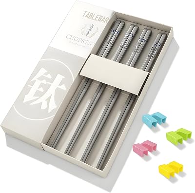 Titanium Metal Chopsticks with Training Chopstick Helpers - Premium Reusable Non-Slip & Lightweight Stainless Steel 9 14 Inch Chopsticks, Dishwasher Safe, Furniture Kitchen Premium Gift Set Silver