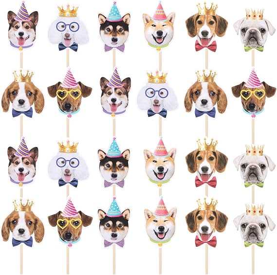 JJUNW Pack of 24 Dog Cupcake Toppers Dog Puppy Faces Muffin Decorative Animal Cake Toppers for Dogs Puppies Theme Party Children's Birthday Party Decorations