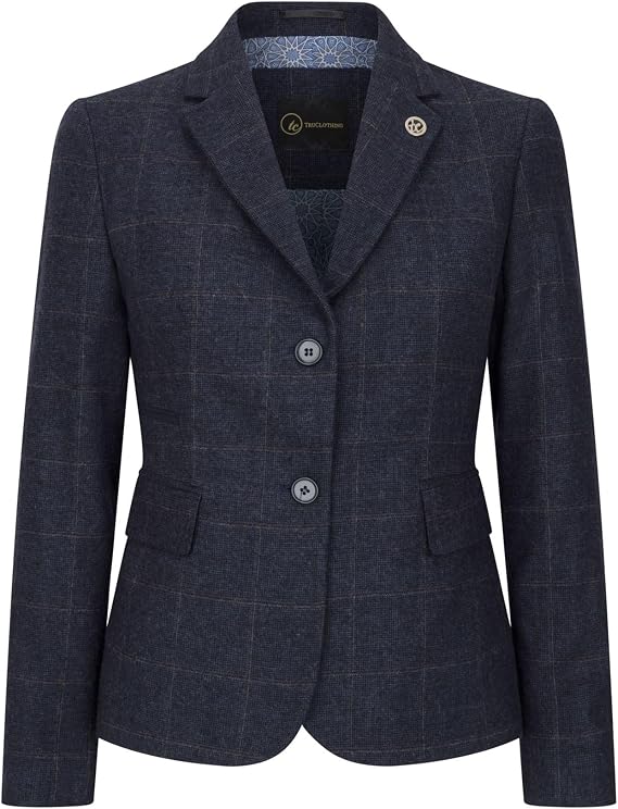 Women's Blazer Wool Blend Tweed Herringbone Checkered Tailored Fit Ladies Country Jacket