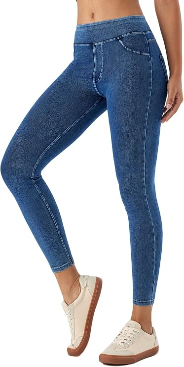 Women Skinny Jeans Mid-Rise Pull on Tummy Control Casual Leggings,Highly Elasticity Soft Denim with Side Pockets