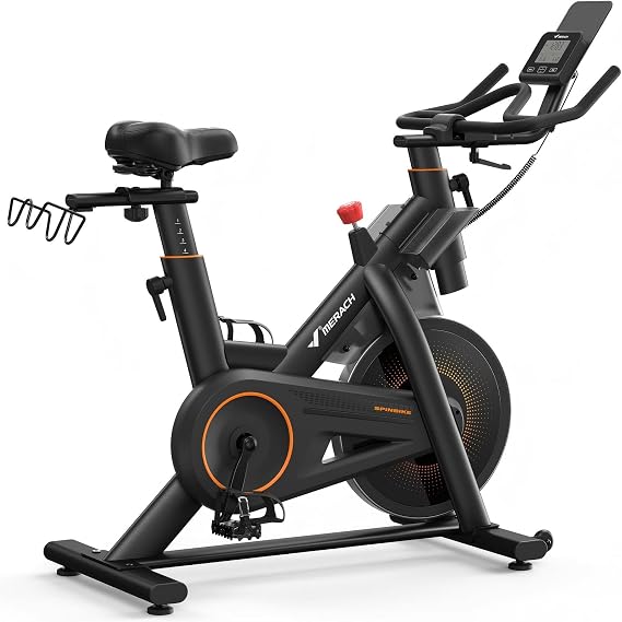 MERACH Exercise Bike, Brake Pad Stationary Bike with Exclusive App, Low Noise Indoor Cycling Bike with 300lbs Weight Capacity, Tablet Mount and Fitness Courses for Weight Loss