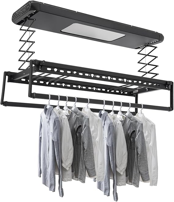 Electric Retractable Airing Rack Black, Ceiling Clothesline 77lbs Load, Ceiling Mounted Clothes Drying Rack 24W with Remote and Light for Laundry Balcony (Black)
