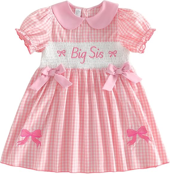 Toddler Girl Summer Dress A-line Plaid Short Puff Sleeve Doll Collar Letter Bow Embroidery Dresses Big Sis Clothes
