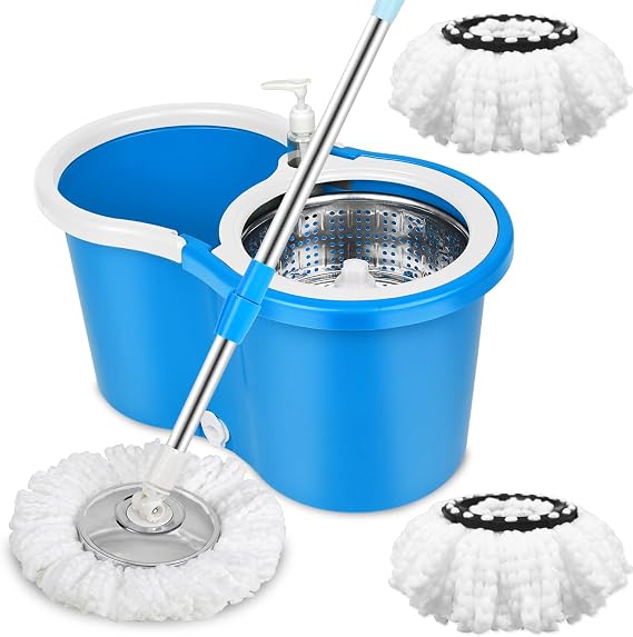Spin Mop and Bucket System with Stainless Steel Wringer, 3 Mop Heads | Microfiber Spin Mop and Bucket System with Stainless Steel Wringer, 3 Mop Heads & 61" Telescoping Handle