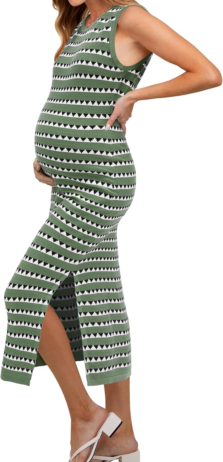 OUGES Womens 2025 Summer Maternity Dress Knit Sleeveless Crewneck Midi Dress Side Slit Striped Bodycon Sweater Dress