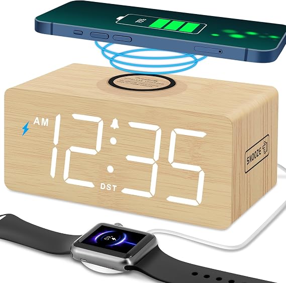 DreamSky Wooden Digital Alarm Clock with Wireless Charging for Bedroom | Bedside Nightstand Clock with Charger Station, USB Port, Large Numbers, Adjustable Volume, Brightness Dimmer, DST