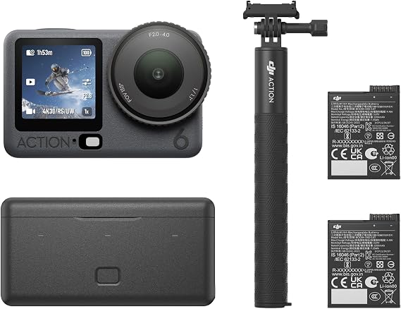 DJI Osmo Action 6 Gelişmiş Combo, 1/1.1 ″ Kare Sensörlü Aksiyon Kamerası, f/2.0–f/4.0 Değişken Diyaframı, 2 Pille Uzatılmış Pil Ömrü, Genişletilmiş Dış Mekan Çekimi için Aksiyon Kamerası 4K