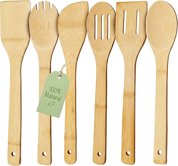 HAKSEN Bamboo Wooden Spoons for Cooking 6-Piece, Nonstick Bamboo Kitchen Utensils Set Wood Spatulas Spoons for Daily Use, Housewarming Gifts