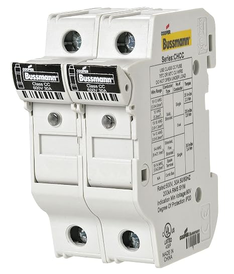 Finger Safe Fuse Block, CC UL Class, 600V AC/DC Volt Rating, 2 Poles, Box Lug; Clamp - 1 Each