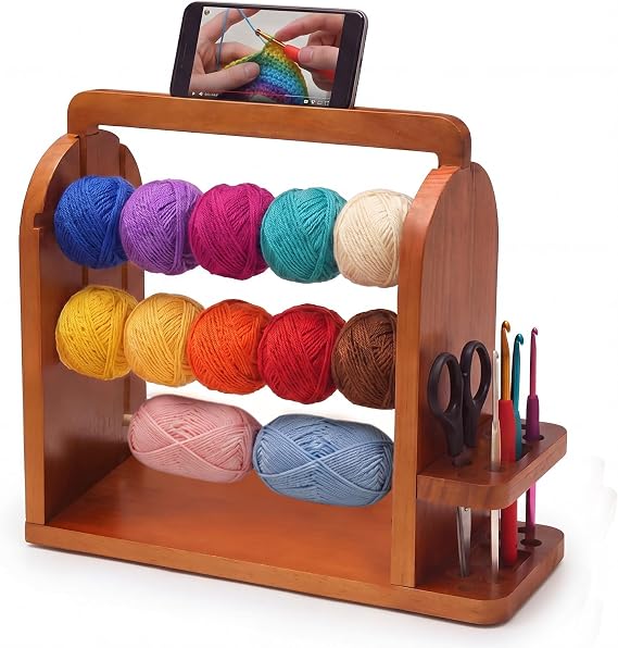 Yarn Holder for Knitting & Crocheting, Upgraded Wooden Yarn Storage Organizer with Tangle-Free 3 Rods, Phone Stand & Tool Holder, Works with Skein, Cake, Ball, Crochet Gift for Knitting Lovers