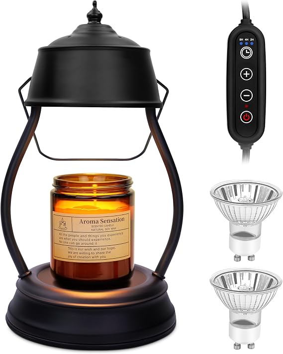 Candle Warmer Lamp with Timer, Vintage Lantern Design, Home Decor Birthday Gifts for Women, Black Lantern Wax Melt Warmer for New Home Bedroom Decor, 2 Bulbs, Christmas House Warming Gifts