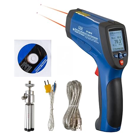CEM DS 50:1 Infrared Thermometer Temperature Gun,-58F to 2192FAdjustable Emissivity IR Temp Gun,Dual Laser HVAC Cooking Pyrometer,0.15S Response Thermal Heat Leak Detector with K-Type Probe&USB