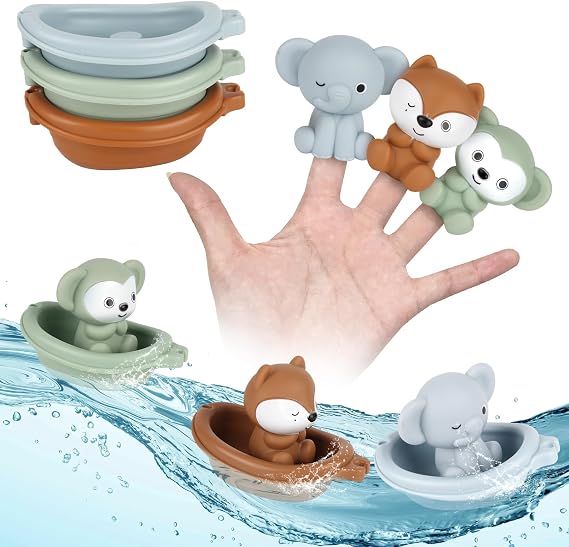 Bath Pool Toys for Toddler, Stacking Toy with 3 Boat 3 Sensory Finger Puppets, Toddler Toys Gifts for 2-4 Year Old Boy Girl, Model A