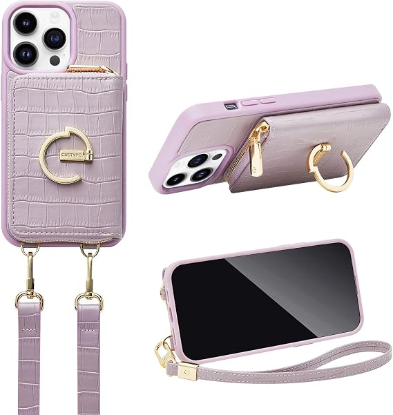 CUSTYPE for iPhone 14 Pro Case Wallet with Card Holder for Women, Crossbody Zipper Case with Strap Wrist, Protective Leather Case Purse with Ring for Apple iPhone 14 Pro 6.1inch, Purple