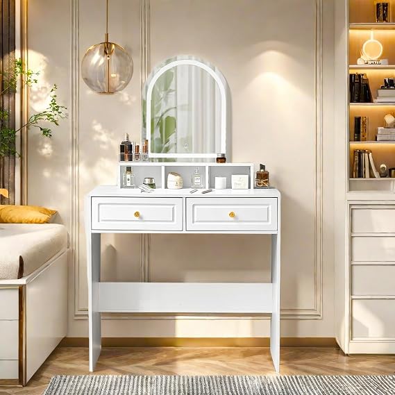 Small Vanity Desk - Makeup Vanity Table with Mirror and Lights, 3 Lighting Modes & Brightness Adjustable, Vanity Table with 2 Drawers, Compact Vanity Set for Girls Bedroom, Dressing Room
