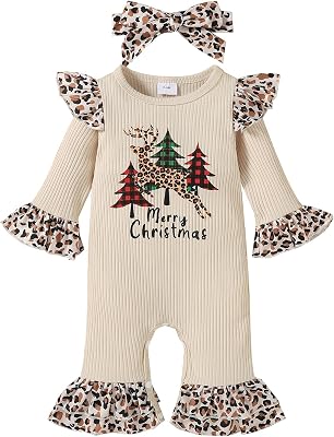 Newborn Baby Girl Christmas Clothes Ruffle Letter Print Bell Bottom Jumpsuit Romper with Headband Fall Winter Outfit