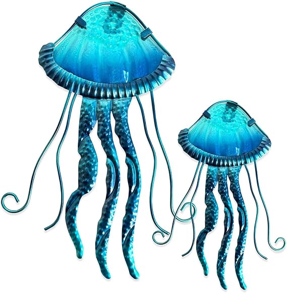 LIFFY Metal Jellyfish Wall Decor Beach Ocean Nautical Tropical Fish Wall Art Home Hanging Decor Glass Metal Fish Wall Decor for Pool, Beach, Patio, Garden,Home(15inch, 10inch)