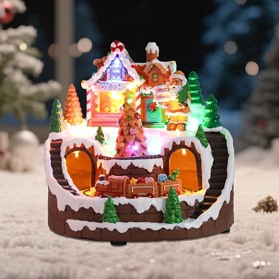 WONDER GARDEN Christmas Village Houses, Musical Light Up Gingerbread House Christmas Collectible Buildings with Moving Train for Home Indoor Decor or Gift