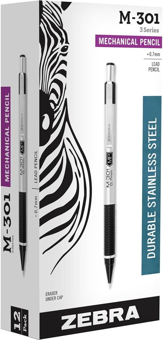 Zebra Pen M-301 Mechanical Pencil, Stainless Steel Barrel, Medium Point, 0.7mm, Black Grip, 1-Pack