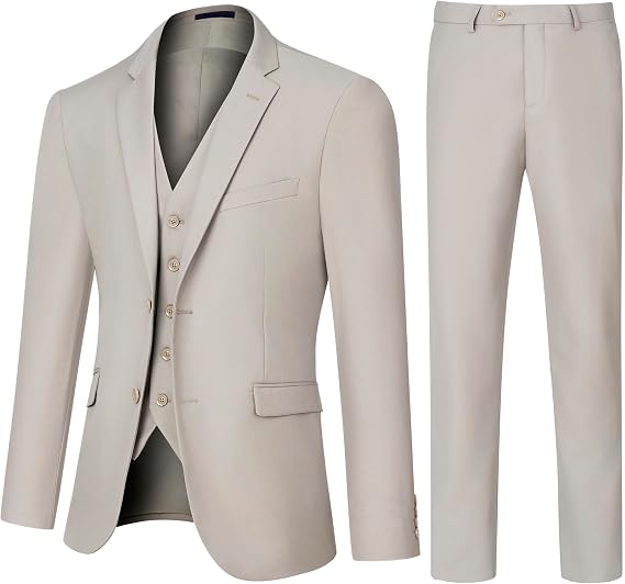 Men's Slim Fit 3 Piece Suit Set, Two Button Solid Blazer Jacket with Multi-Functional Pockets for Business/Party