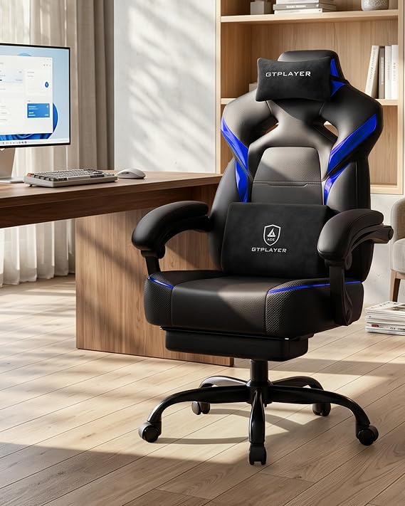 GTPLAYER Big and Tall Gaming Chair with Footrest, High Back Ergonomic Office Chair for Adults, Heavy Duty 350 lbs Capacity, Premium Leather & Iridescent Trim, ACE-Armor, Blue