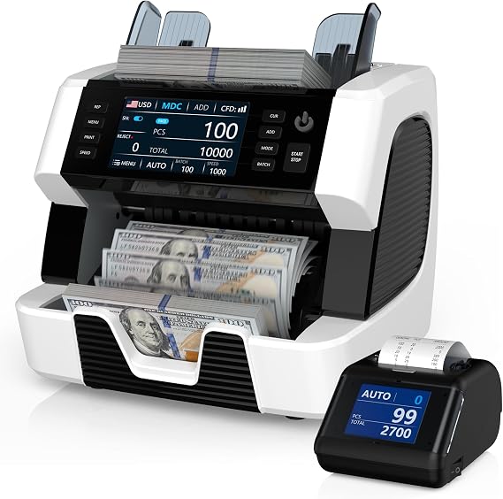 PONNOR Money Counter Machine Mixed Denomination, Serial Number, Multi Currency 2CIS/UV/IR/MG/MT Counterfeit Detection Bill Counter, Cash Counter Machine Value Counting for Business with Printer
