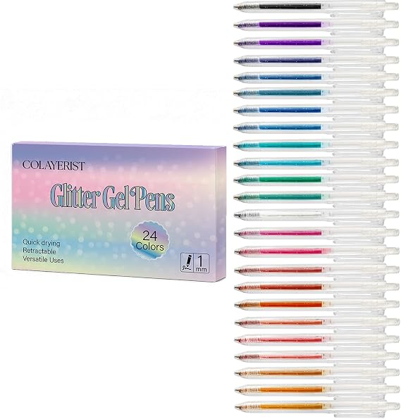 Glitter Gel Pens Retractable, 24 Colors Glitter Pens Set for Coloring, Journaling, Graffiti, Painting, DIY Greeting Cards, and Highlighting Key Notes - Smooth & Non-Toxic