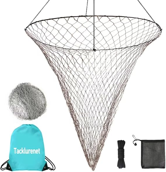 Foldable Drop and Pier Fishing Net, Portable Bridge Net,Crab Bait Shrimp Net with Bucket Soft Steel Hoop and 32FT Rope Storage Bag