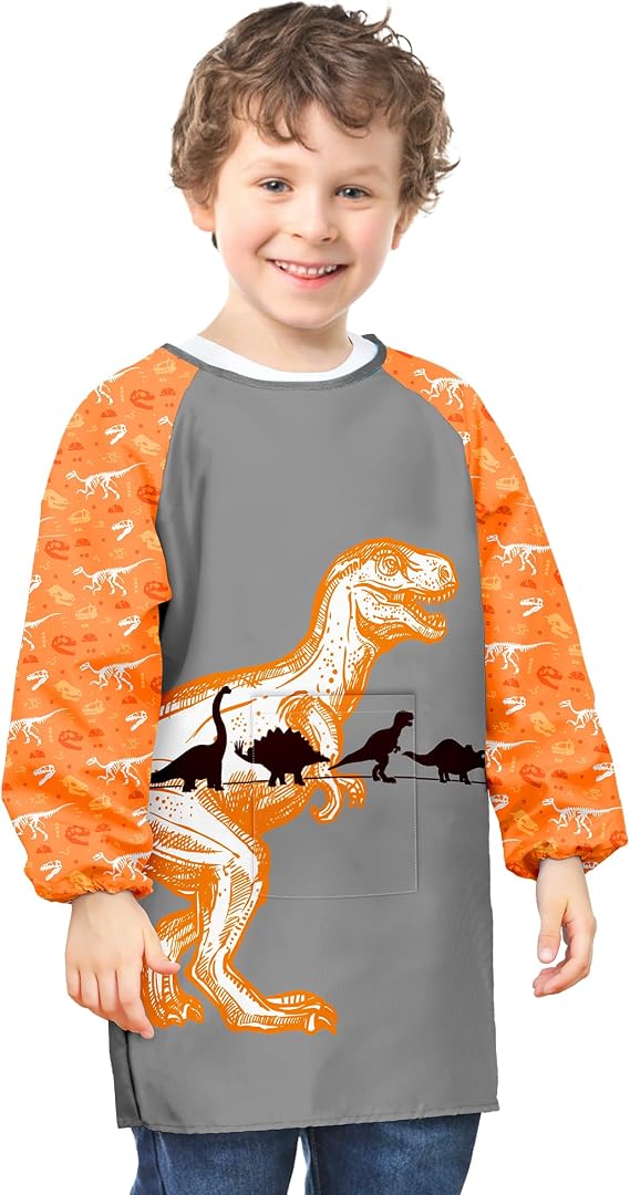 PASHOP Kids Art Smocks Unicorn Waterproof Painting Smock for Girls Boys Long Sleeve Knee Length Artist Smock with Pocket (Yellow Dinosaur, 3-7 Years)