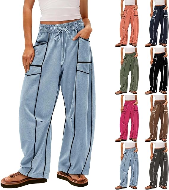 Womens Barrel Pants Lightweight Drawstring Wide Leg Sweatpants Baggy Striped Lounge Pants Casual Yoga Trousers