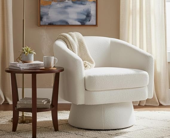 ROCITY Boucle Swivel Accent Chair White Barrel Arm Chair Round Cozy Upholstered Modern Sherpa Fabric Single Sofa Chair for Living Room/Bedroom/Reading
