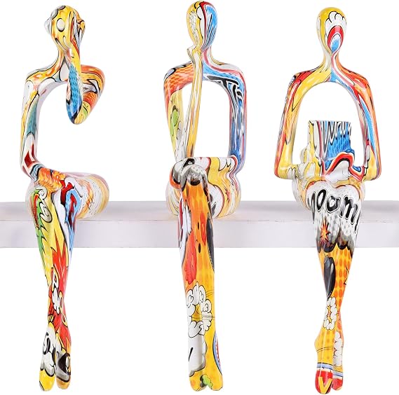 Resin Graffiti Home Decor Thinker Statue Accents, Set of 3 Thinker Sculptures Office Decor Modern Abstract Resin Decoration on Shelf Table Desk for Living Room Office (Yellow)