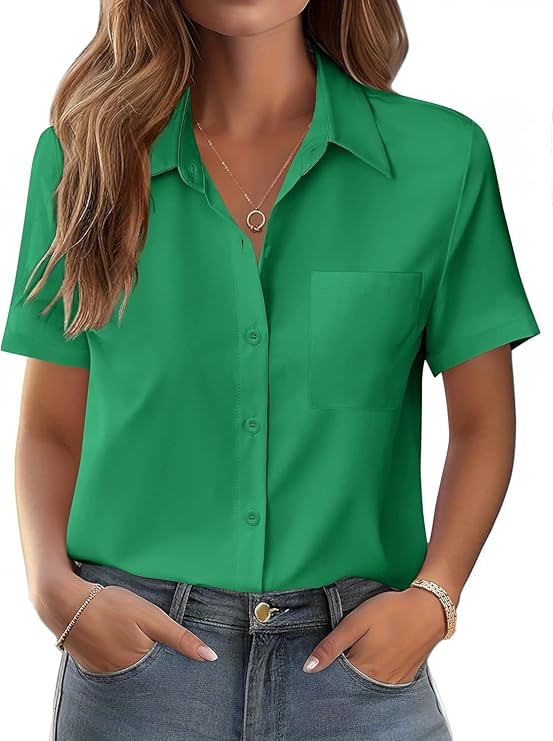 Womens Button Down Shirts Summer Casual Short Sleeve Blouse Lightweight Solid Color Work Tops with Pockets