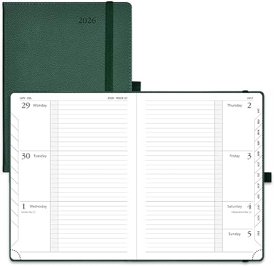 POPRUN 2026 Weekly & Monthly Planner Calendar, 6.75 x 8.75 Medium, Horizontal Layout with Lined Sections, Jan. 2026 - Dec. 2026, Leather Hardcover, 100GSM Paper, Inner Pocket - Army Green