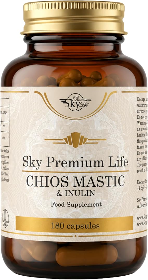 Sky Premium Life Chios Mastic Gum 180 Capsules with Prebiotic Inulin | Authentic Chios Mastiha from Greece, Supports Digestive Health & Well-Being - Vegan Capsules